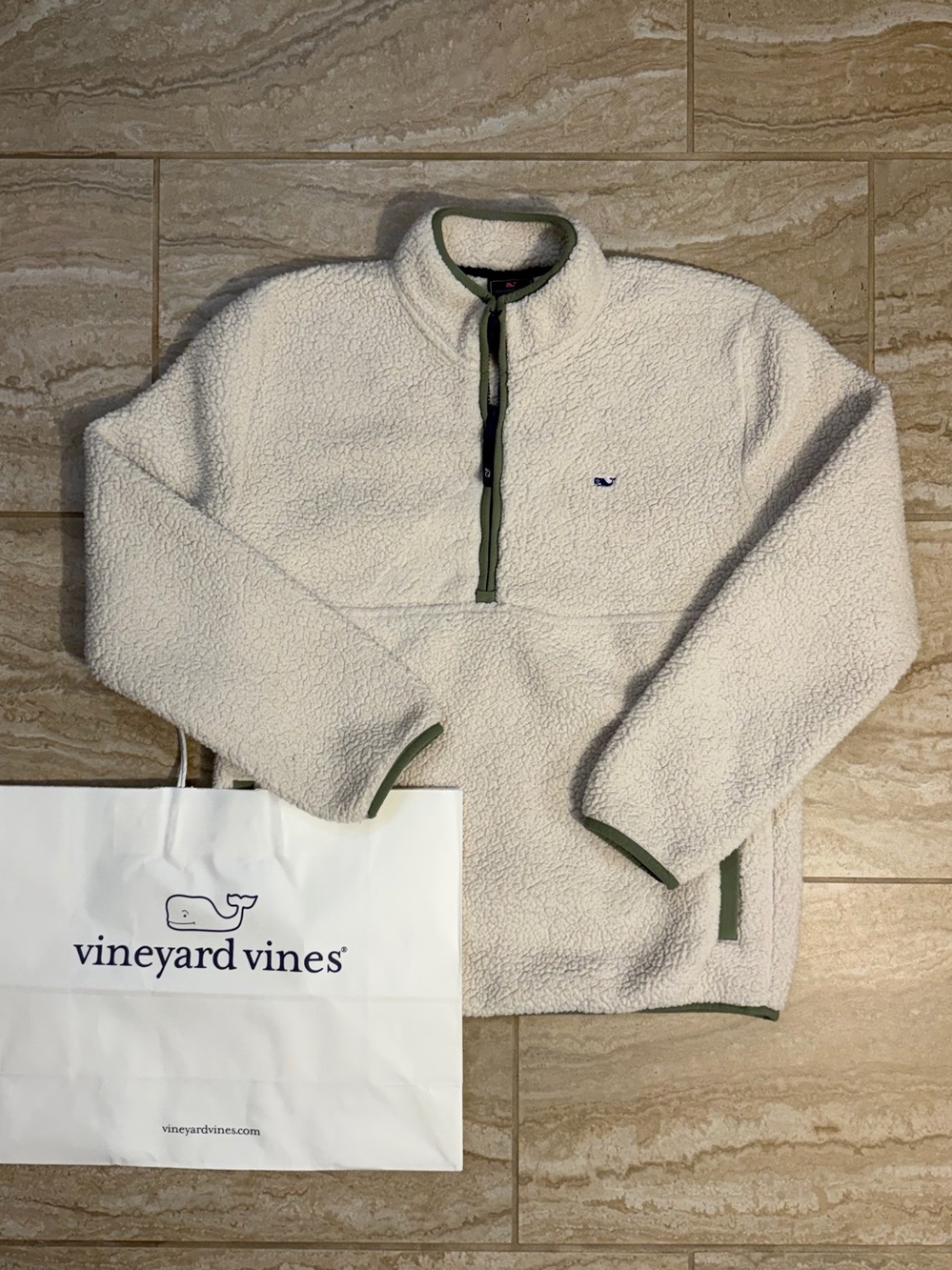 Vineyard Vines Cream Sherpa Half-Zip with Olive Trim